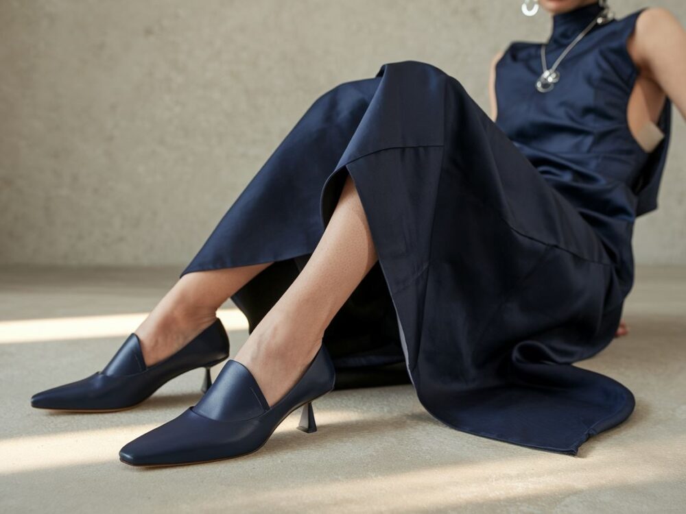 granatowa sukienka i eleganckie buty