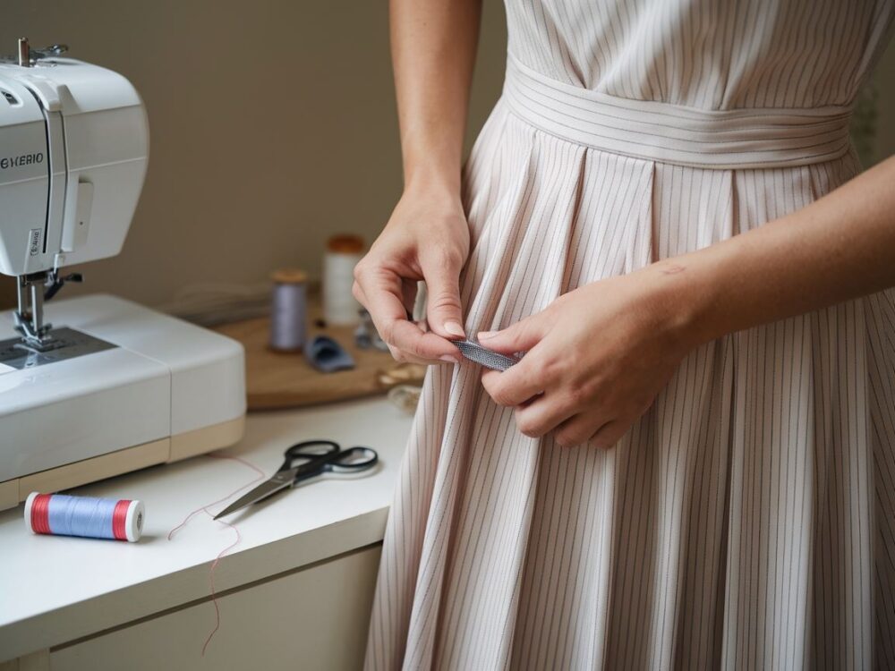 kobieta poprawiająca sukienkę