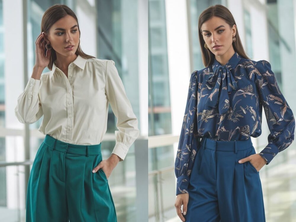 modna bluzka i zielone spodnie