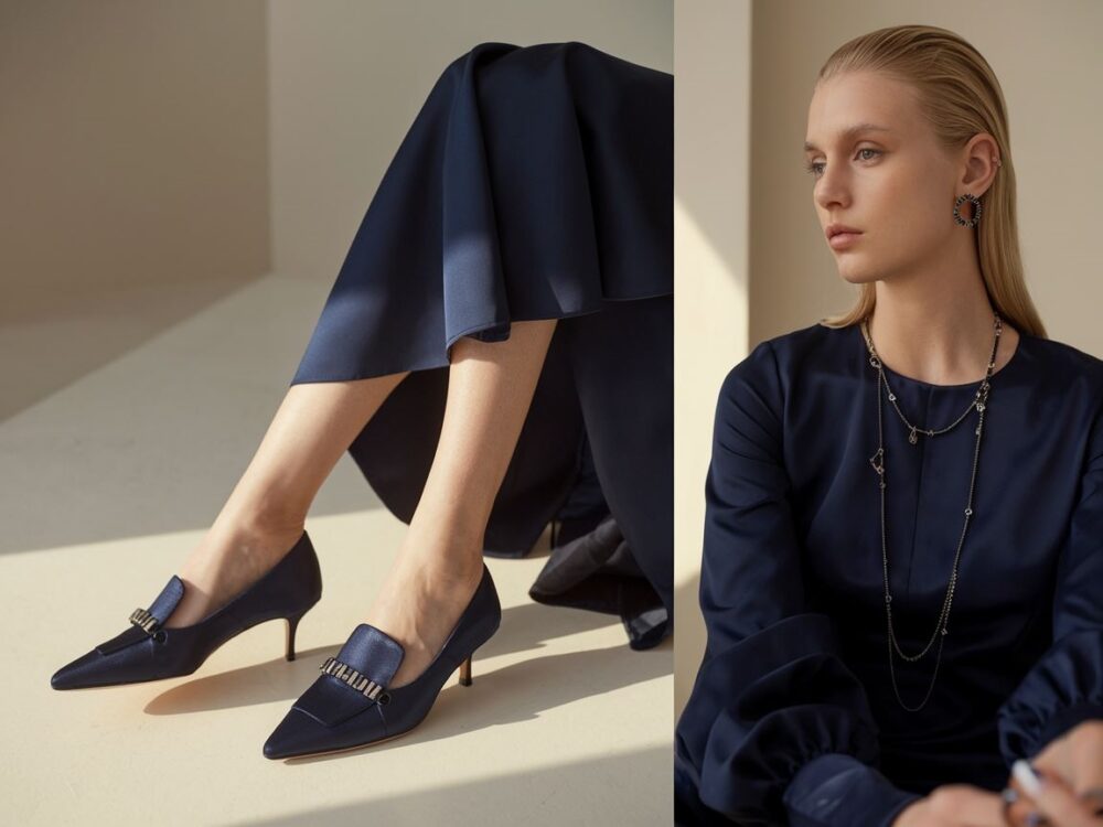 modna stylizacja z granatową sukienką