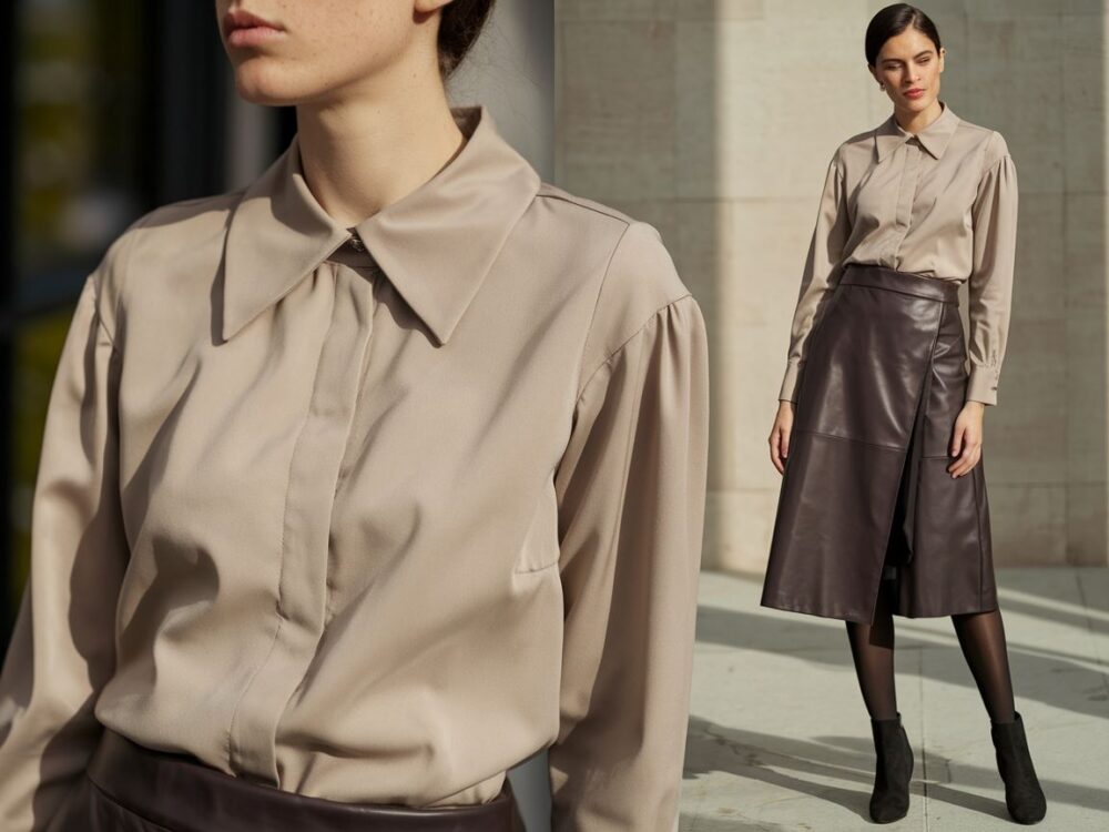 outfit z elegancką bluzką i skórzaną spódnicą