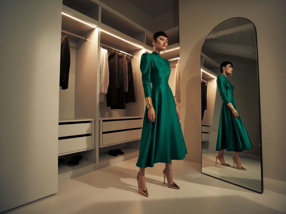 zielona sukienka i szpilki