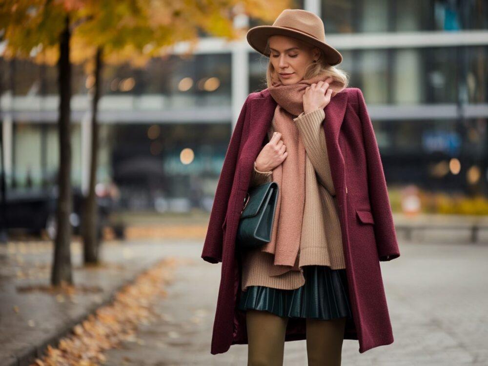 złote akcenty przy bordowym płaszczu