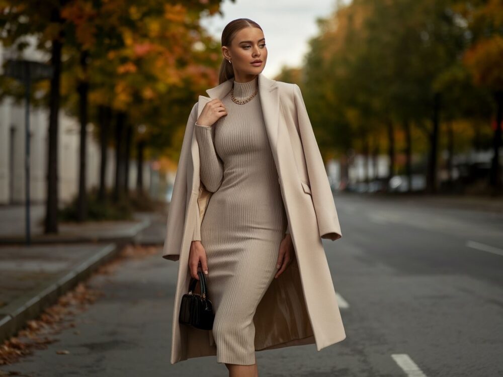 Moda miejska z płaszczem i midi