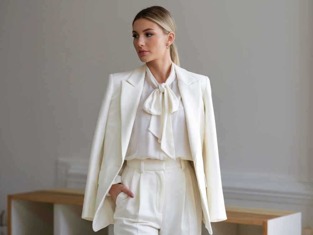 elegancka stylizacja z białym garniturem