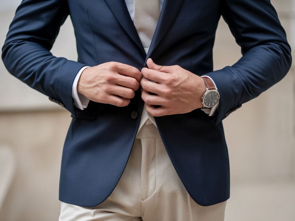 granatowa marynarka i szare spodnie