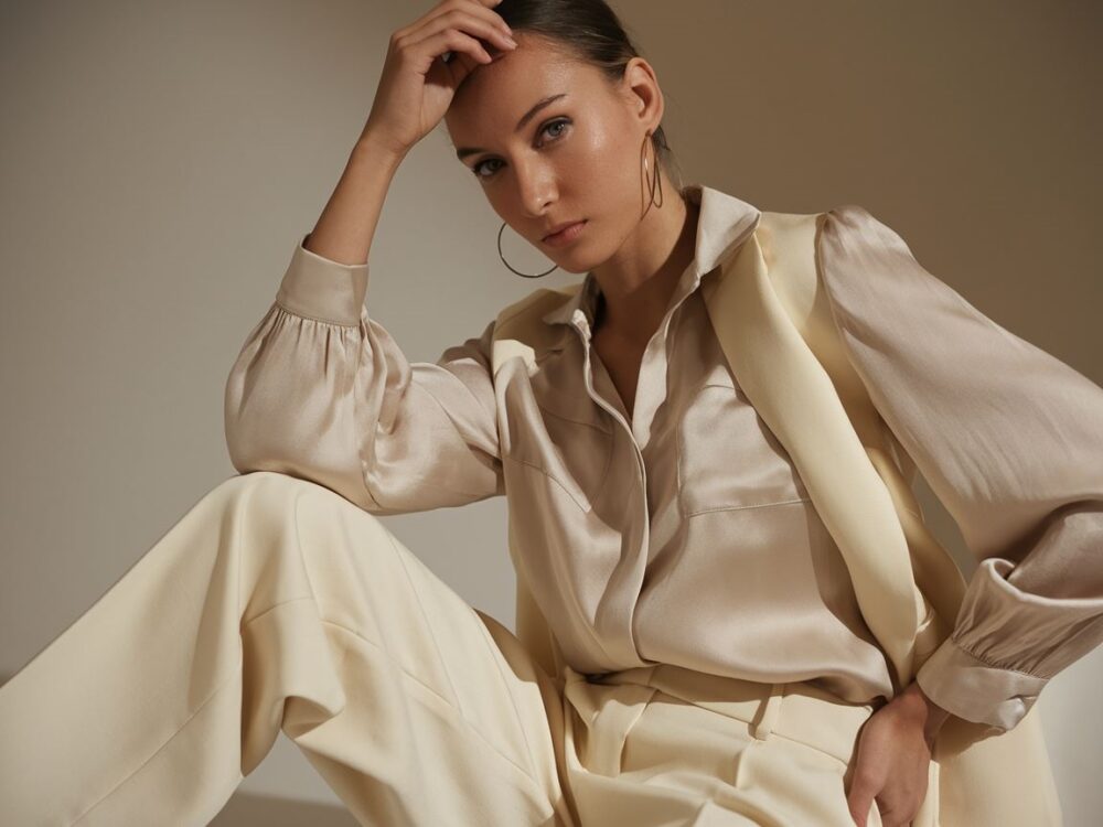 kremowe spodnie i modna bluzka