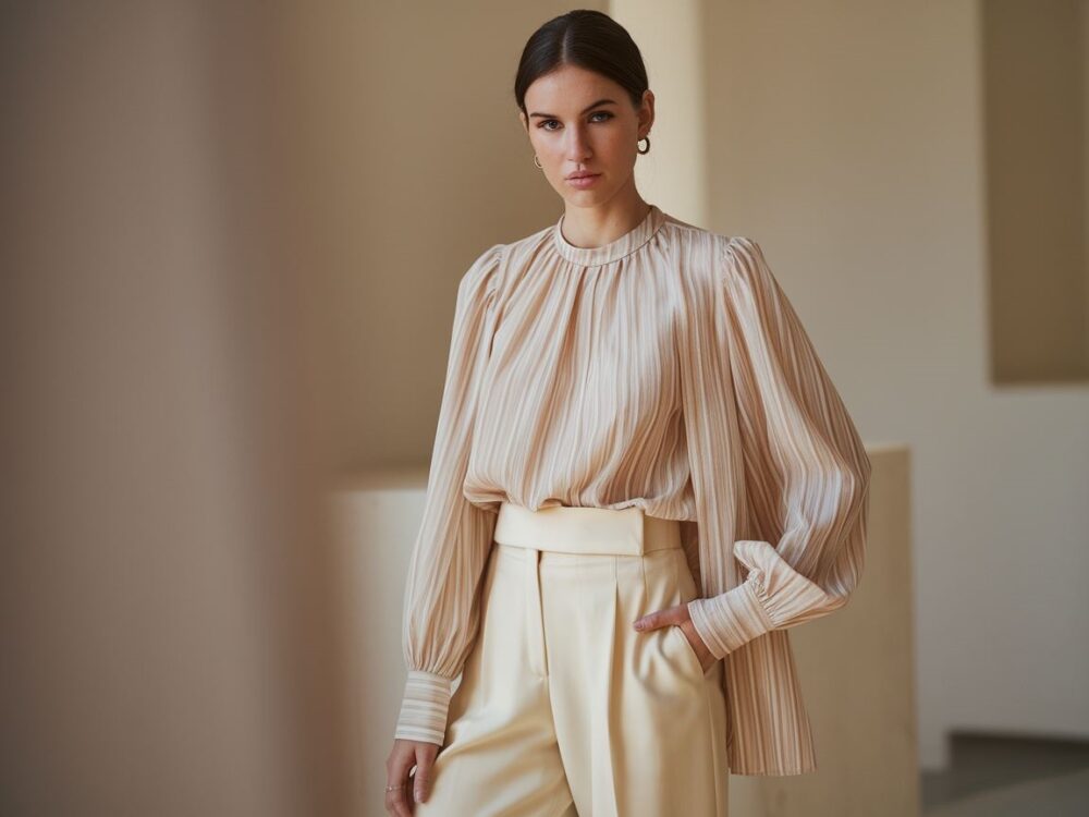modny zestaw z kremowymi spodniami