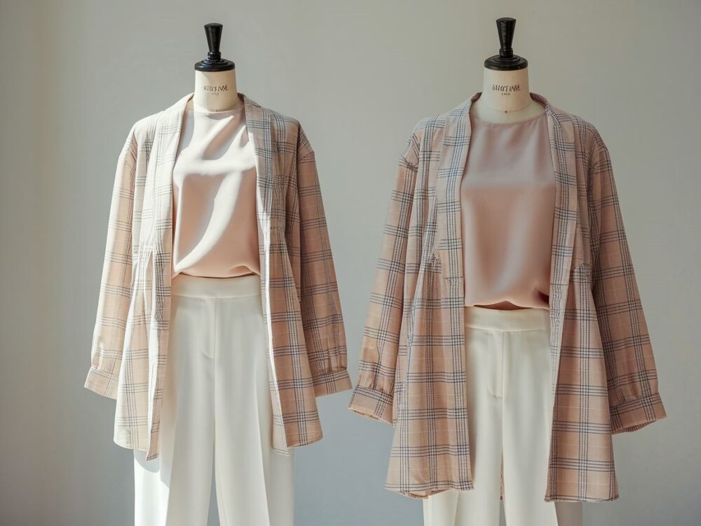 pastelowa bluzka i białe spodnie