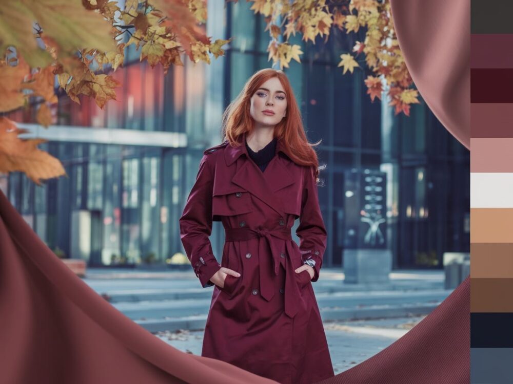 rudy płaszcz z granatowym szalikiem