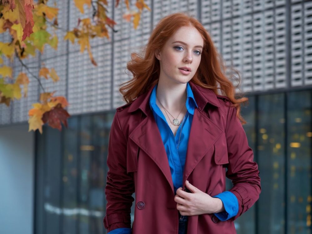 rudy płaszcz z kremowym swetrem