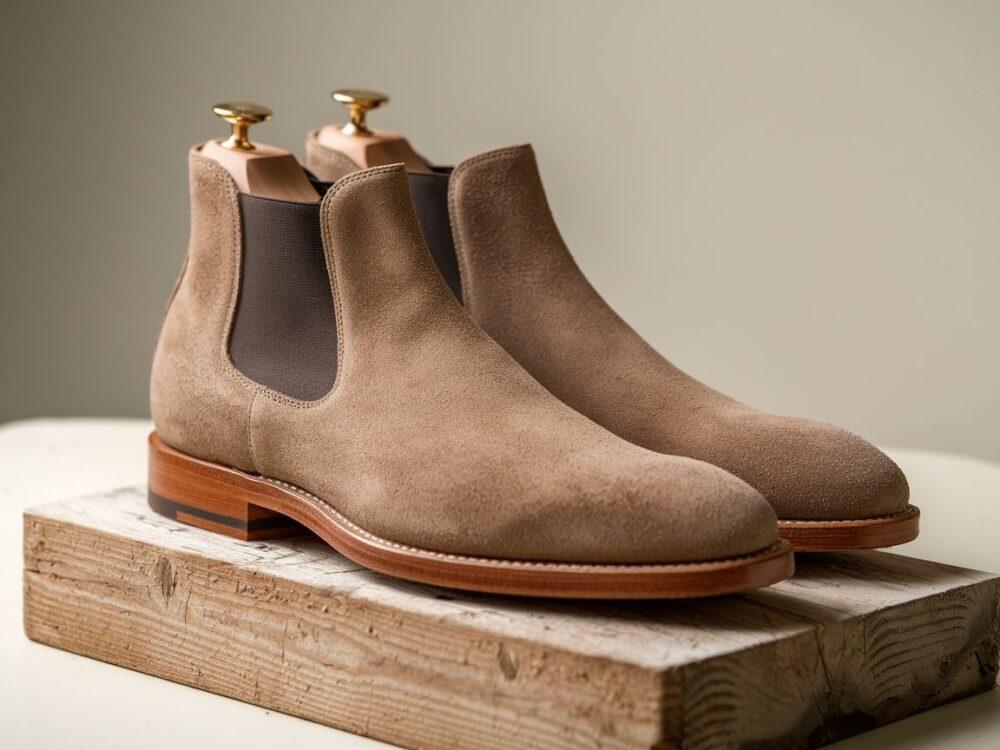 zamszowe kozaki na drewnianym stole