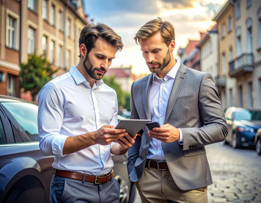 Pracownicy skupu samochodów w Bydgoszczy sprawdzający ofertę odkupu