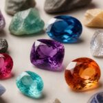 Kolorowe oszlifowane kamienie szlachetne otoczone naturalnymi minerałami na jasnym tle
