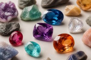 Kolorowe oszlifowane kamienie szlachetne otoczone naturalnymi minerałami na jasnym tle